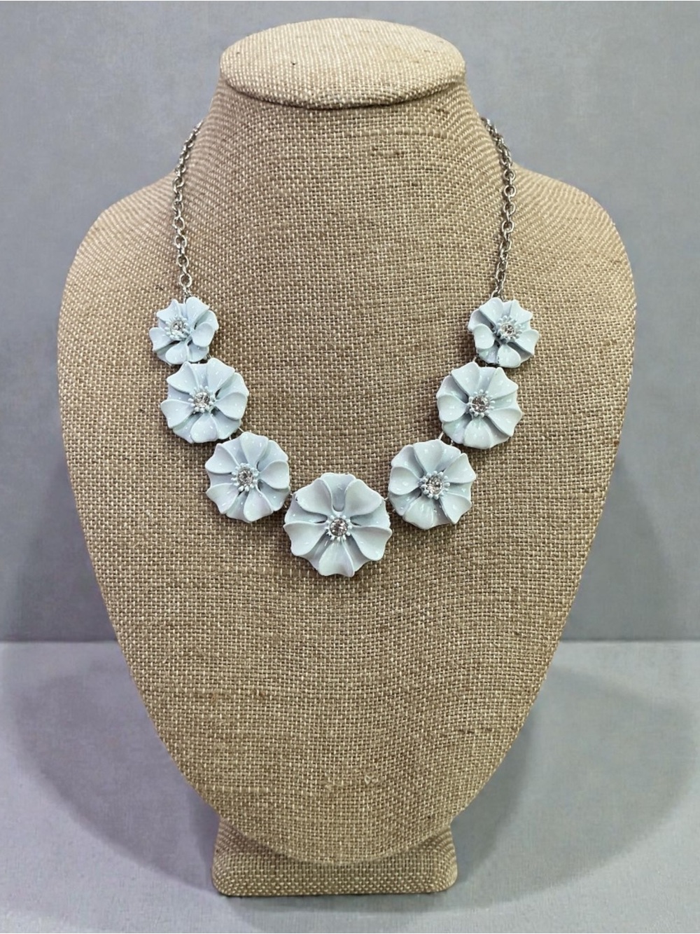 White Floral Petal Statement Necklace with Silver Accents